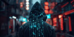 Hacker Mit schwrzer Jacke vor unscharfem Hintergrund Zhalen binärcode of seiner Jacke